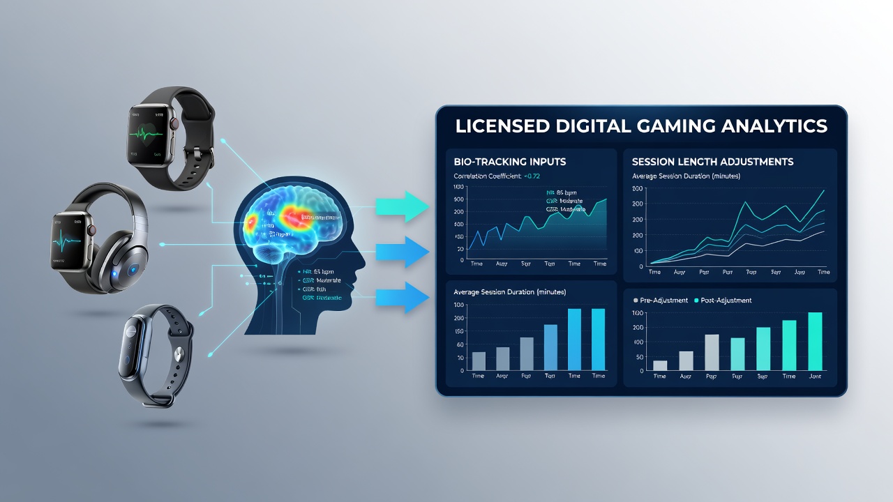 Dashboard view displaying real-time biometric correlations with session duration metrics in a regulated gaming analytics interface