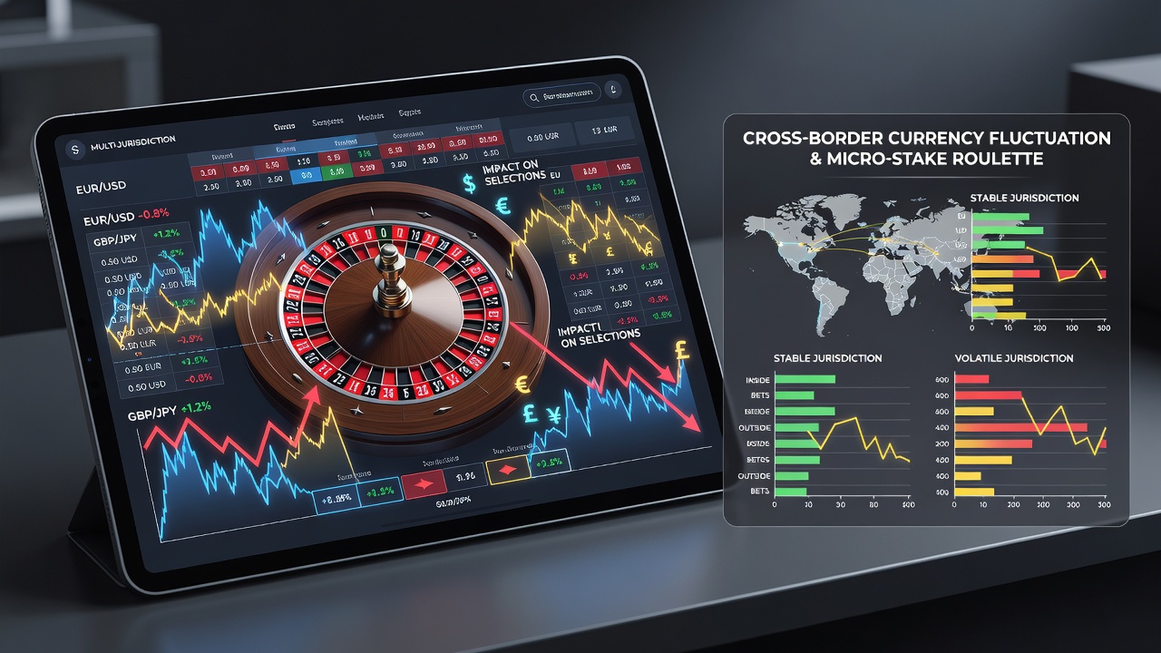 Illustration of currency symbols and roulette wheel in a digital app interface showing cross-border transactions