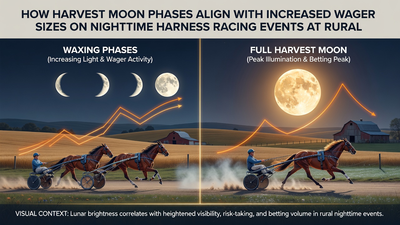 Close-up of bettors placing wagers at a rural harness racing track under moonlight