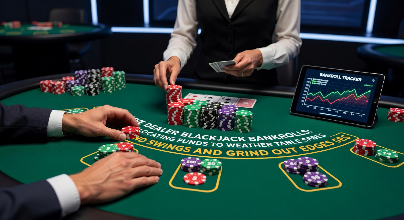 Live dealer at a blackjack table dealing cards from a shoe, with stacks of chips representing player bankrolls amid a vibrant casino atmosphere