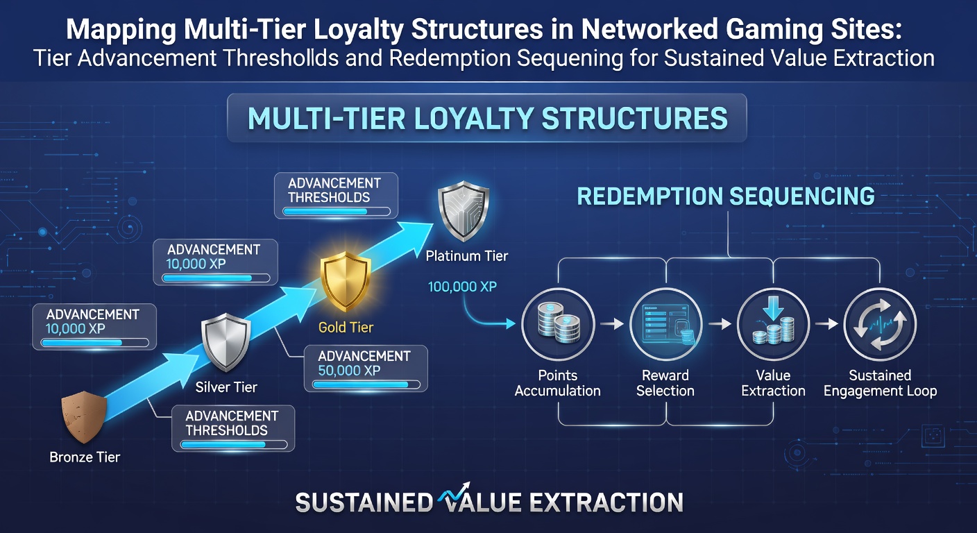 Diagram showing multi-tier loyalty progression in networked gaming sites with advancement thresholds and redemption pathways
