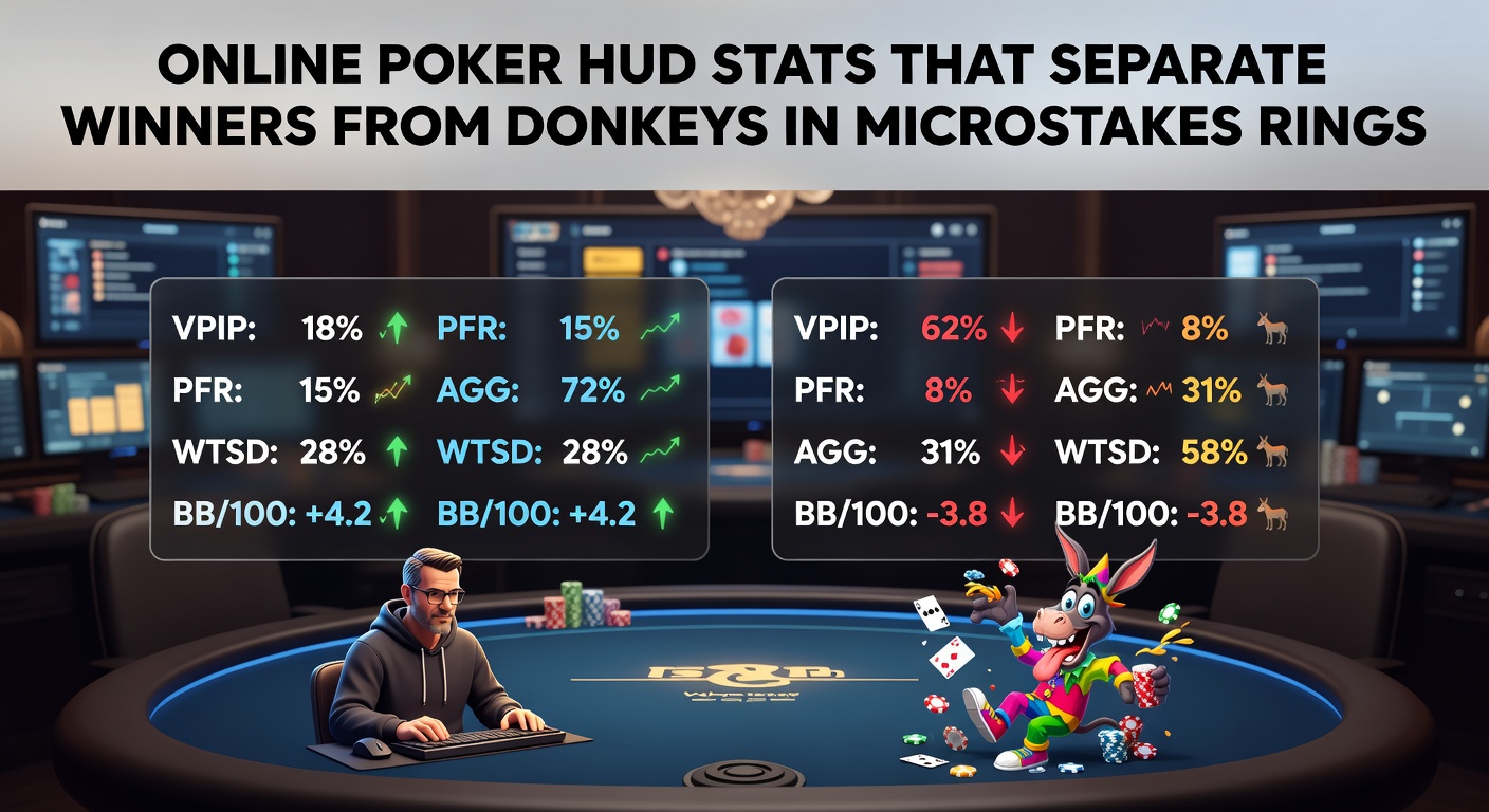 HUD display overlay on a microstakes poker table showing key stats like VPIP, PFR, and aggression factor for opponents