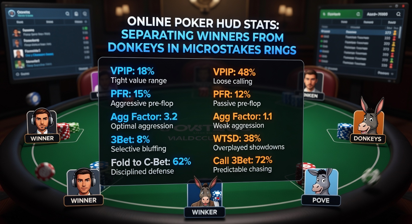 Close-up of advanced HUD pop-up detailing 3-bet, fold to 3-bet, and WTSD stats for a microstakes villain during a hand