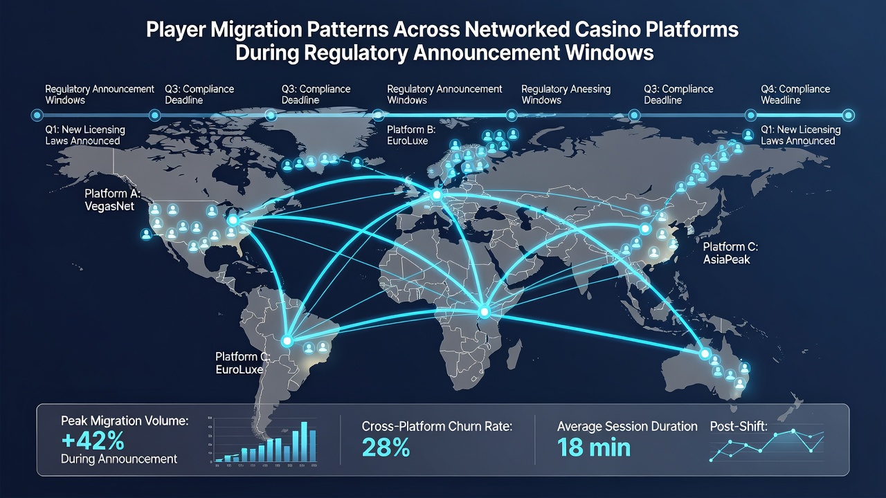 Analytics dashboard tracking player redistribution across casino networks after regulatory news