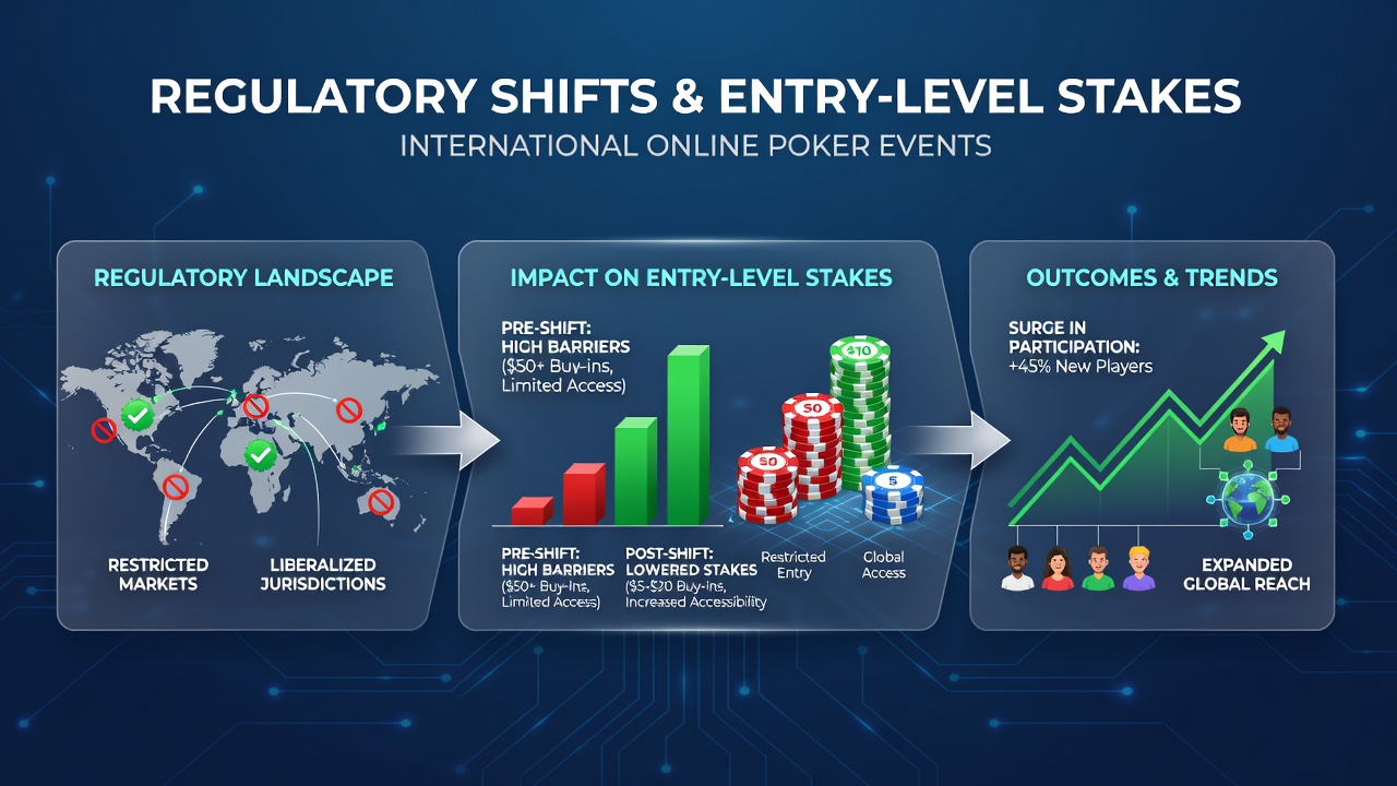 Regulatory documents and poker chips on a table representing shifts in international online poker regulations