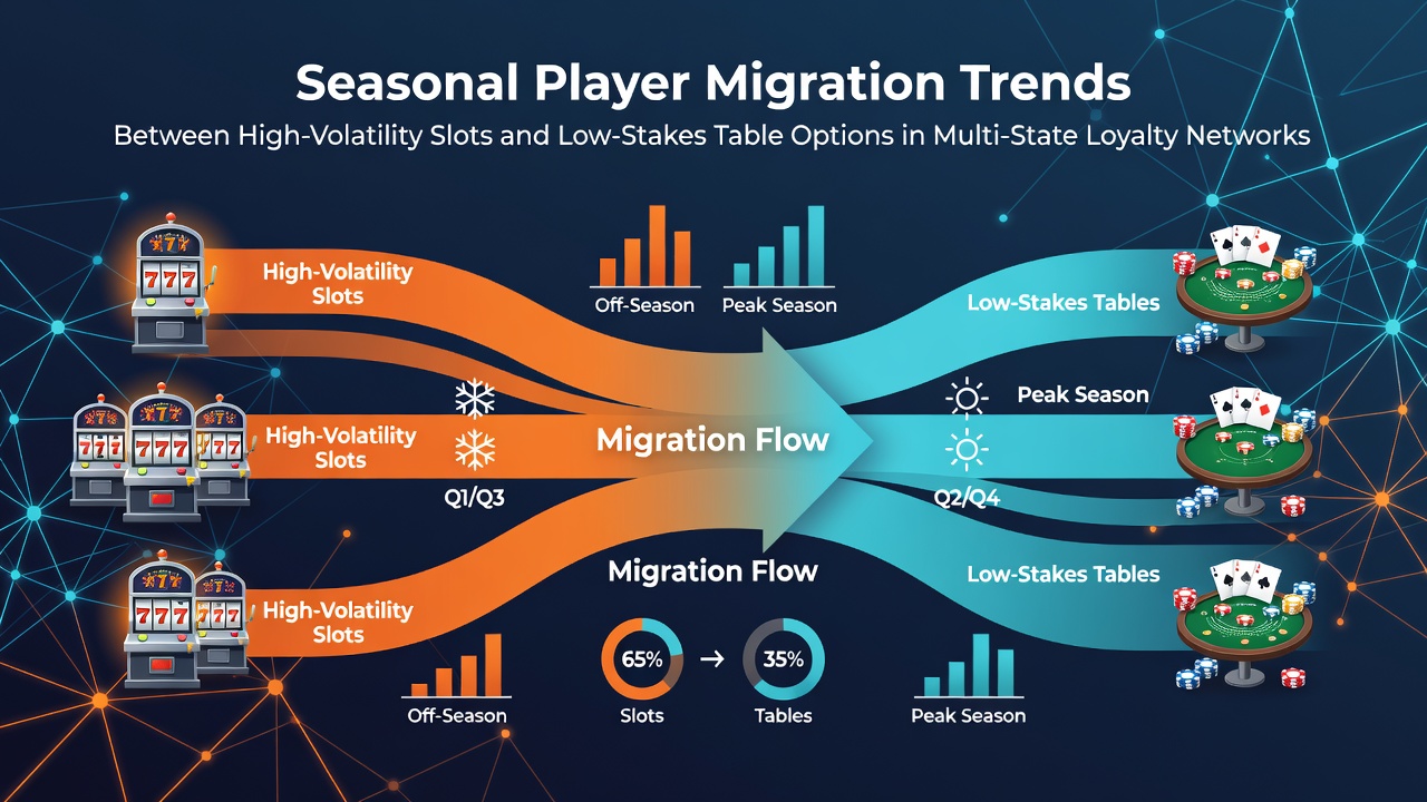 Infographic showing player migration trends between high-volatility slots and low-stakes tables across state loyalty networks