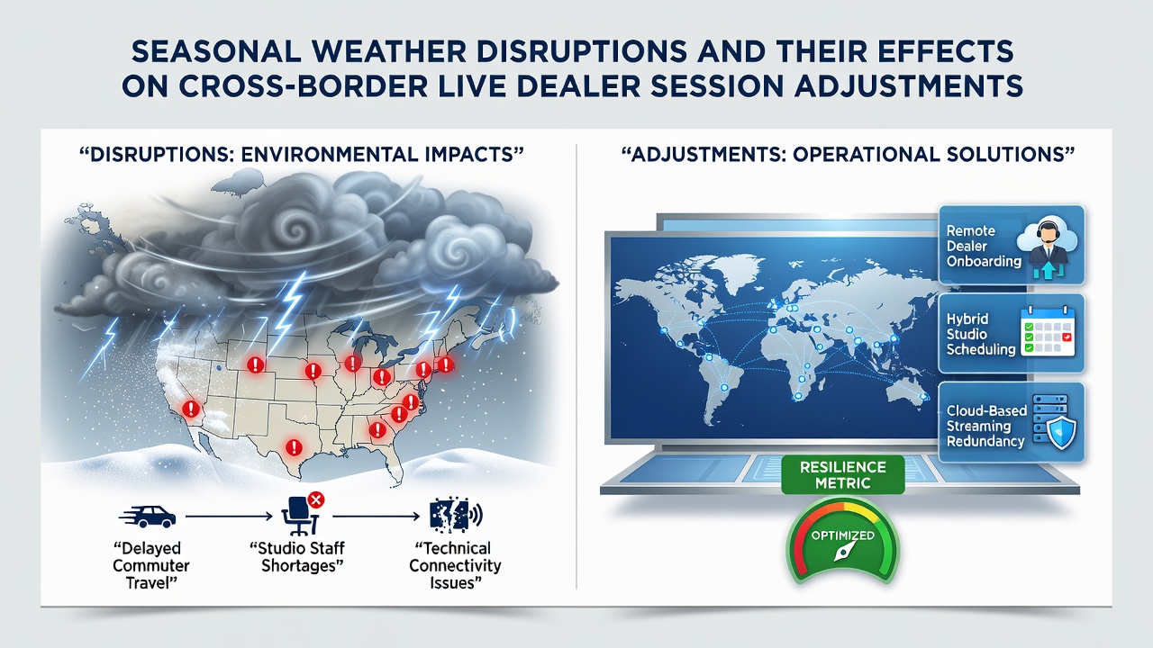 Live dealer studio control room monitoring weather alerts and routing player sessions to backup locations