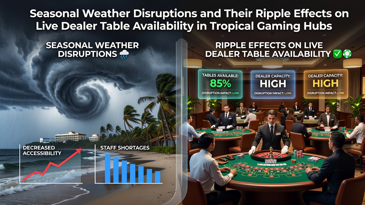 Tropical storm clouds over a coastal casino resort with live dealer operations