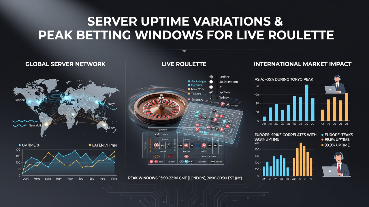 Server uptime monitoring dashboard for live roulette platforms showing global traffic and reliability metrics