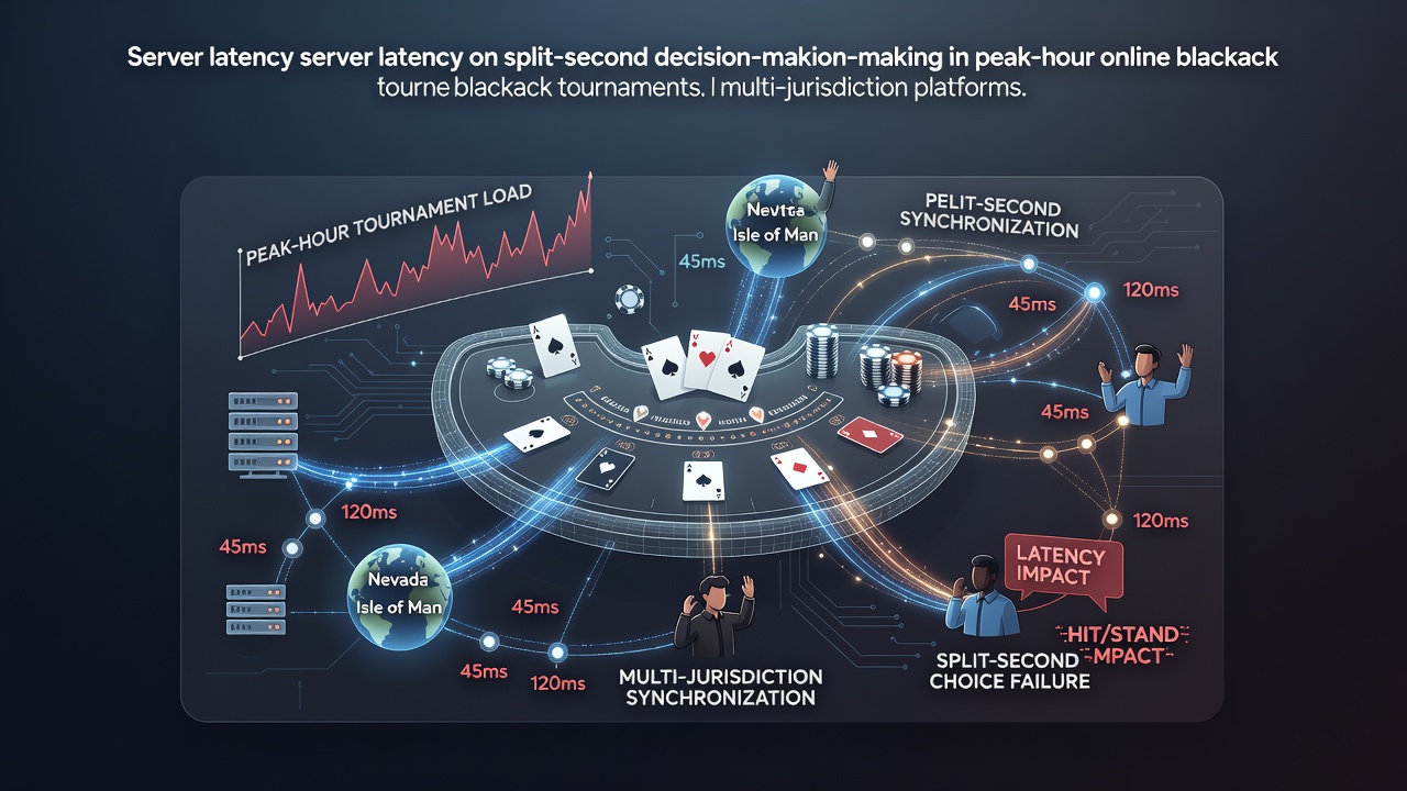 Server latency visualization in online blackjack tournament interfaces showing real-time ping delays across regions
