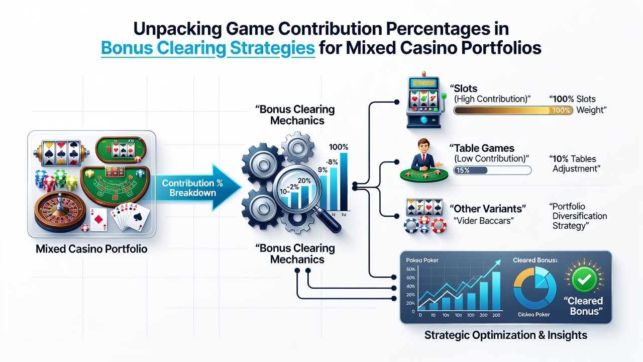 Visual breakdown of game contribution percentages across slots, blackjack, and roulette in casino bonus strategies