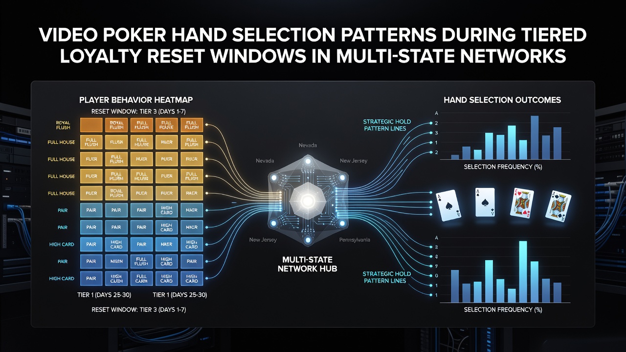 Video poker screen displaying optimal hand holds during a loyalty tier reset period in a networked casino environment