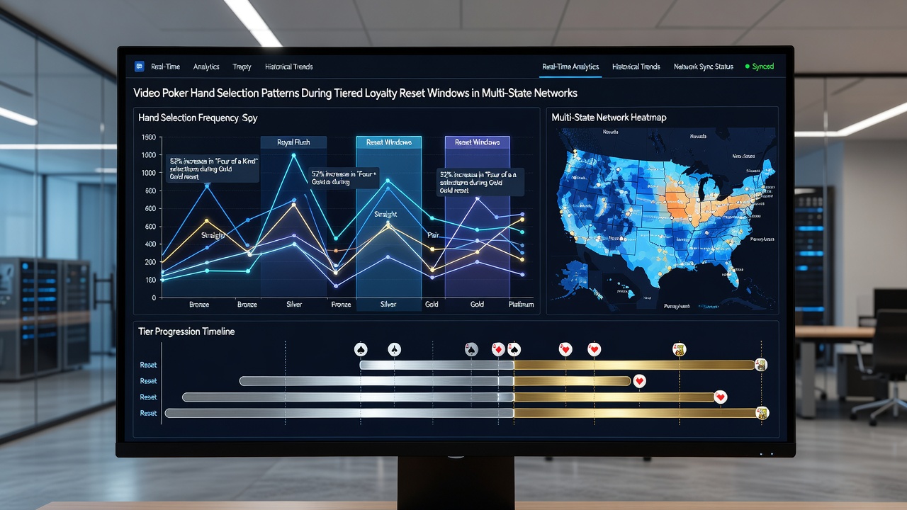 Analytical dashboard tracking video poker hand patterns and loyalty tier progress across multiple state casino networks